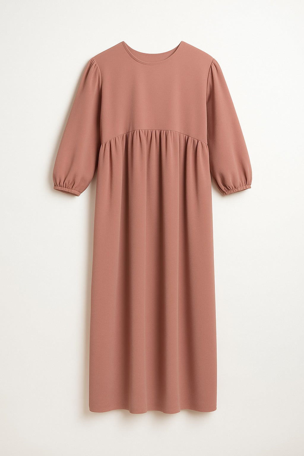Abaya Amira Mauve Rose, vloeiende maxi jurk met empire-taille en 3/4 mouw.