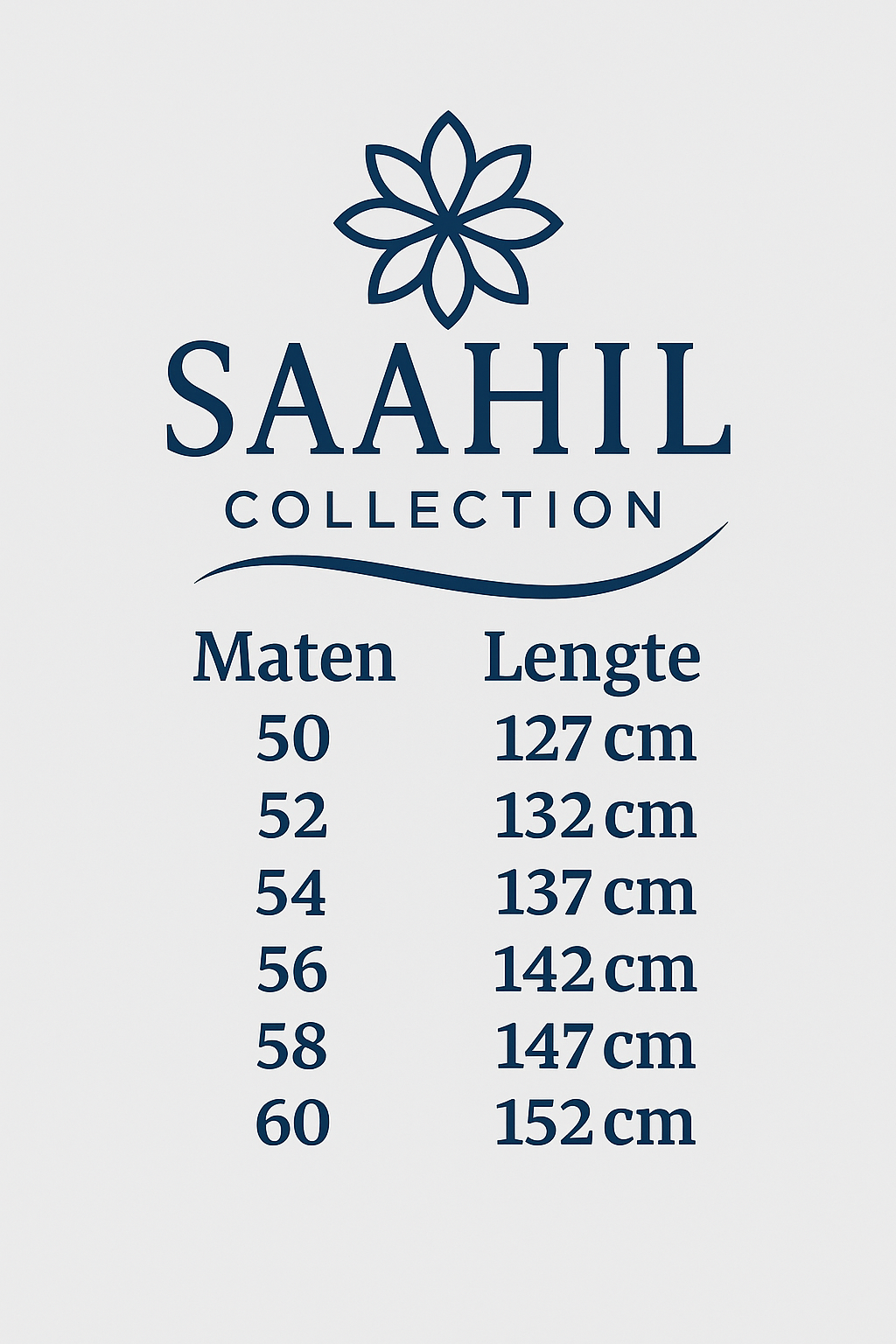 Dit zijn de lengtematen voor de nieuwe collectie van Saahil Collection.